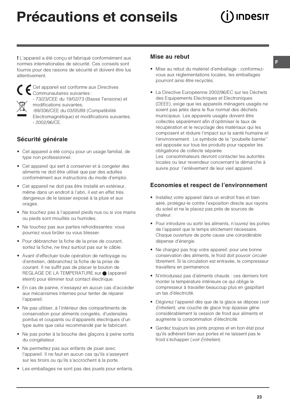 Précautions et conseils, Mise au rebut, Economies et respect de lenvironnement | Sécurité générale | Indesit IN SZ 2311 User Manual | Page 23 / 40