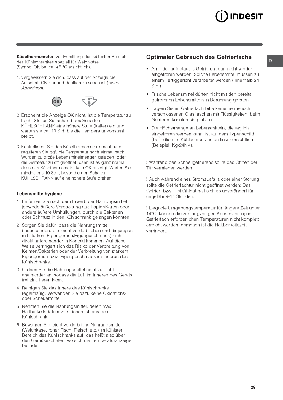 Optimaler gebrauch des gefrierfachs | Indesit IN SZ 2311 User Manual | Page 29 / 40