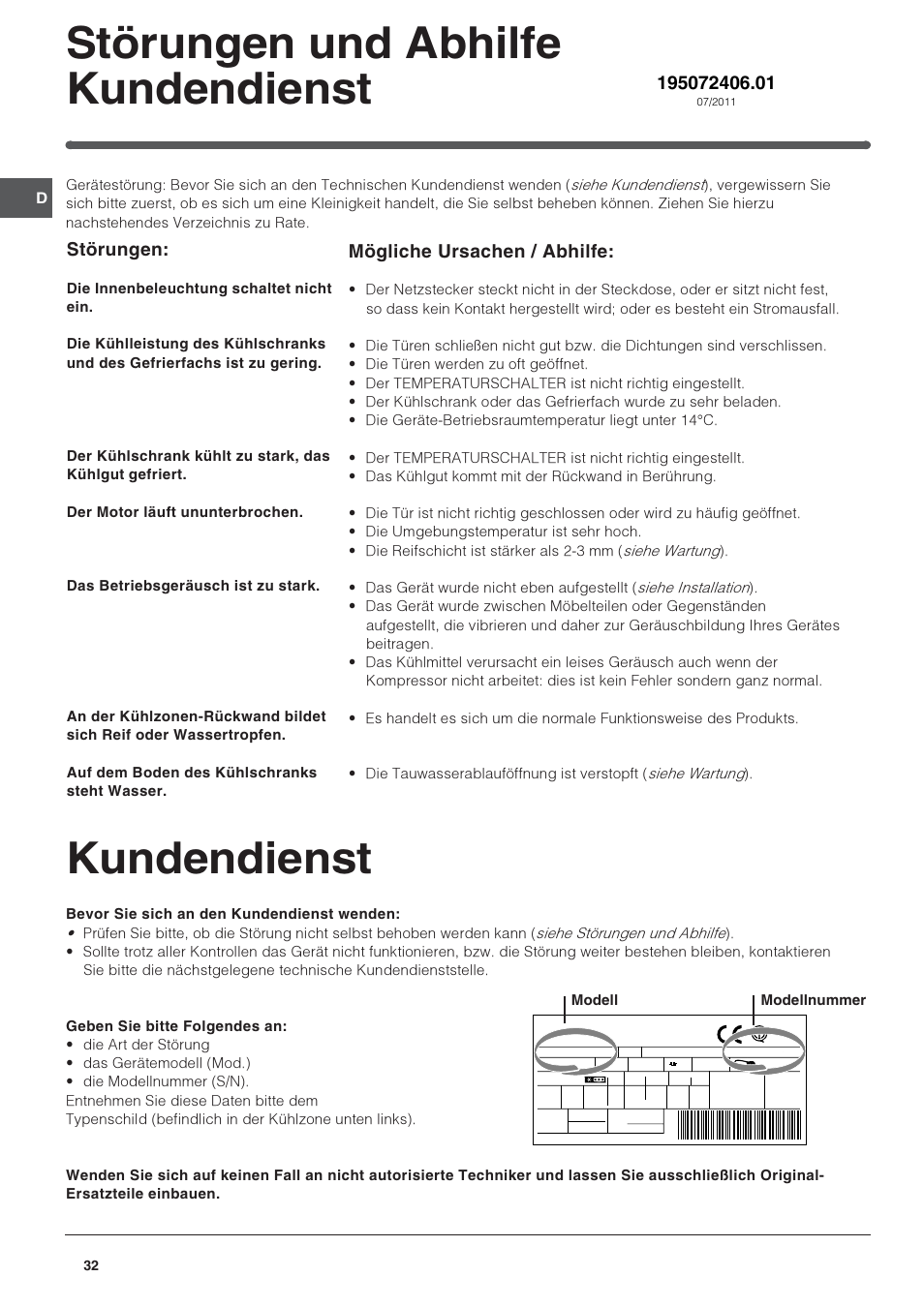 Kundendienst, Störungen und abhilfe kundendienst, Mögliche ursachen / abhilfe | Störungen | Indesit IN SZ 2311 User Manual | Page 32 / 40