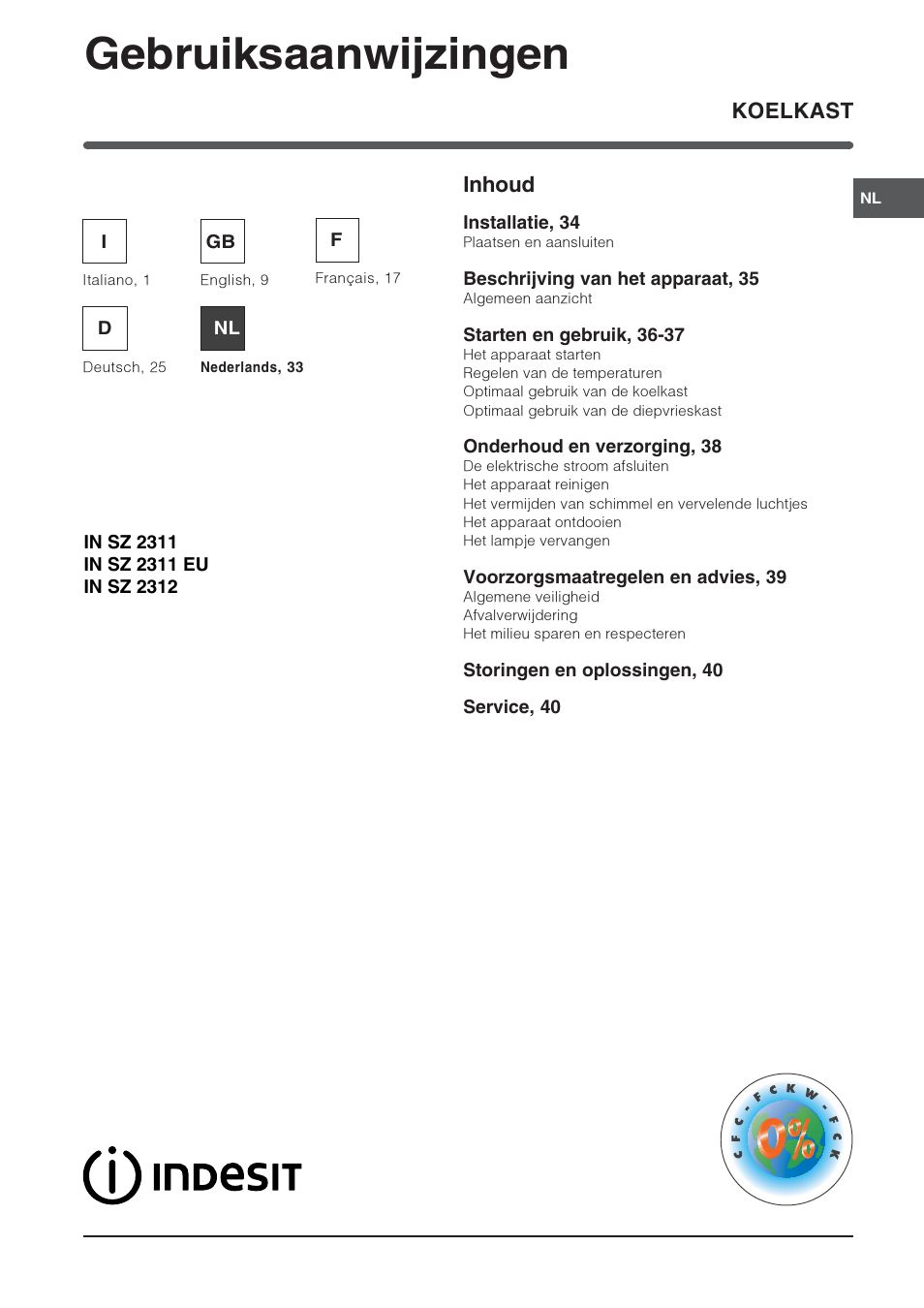 Gebruiksaanwijzingen, Koelkast, Inhoud | Indesit IN SZ 2311 User Manual | Page 33 / 40