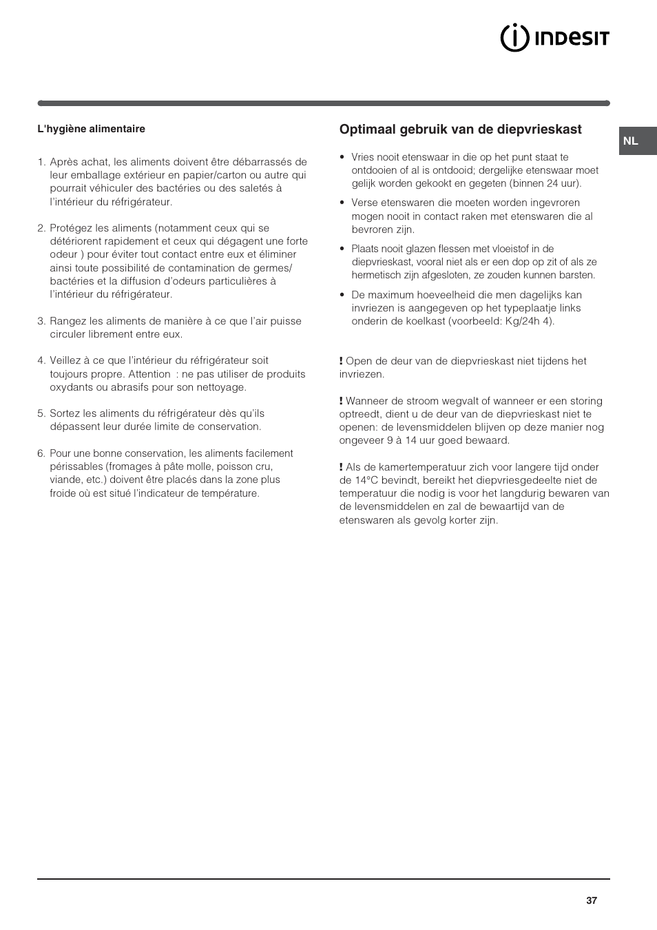 Optimaal gebruik van de diepvrieskast | Indesit IN SZ 2311 User Manual | Page 37 / 40