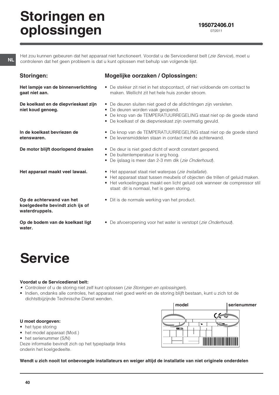 Service, Storingen en oplossingen, Mogelijke oorzaken / oplossingen | Storingen | Indesit IN SZ 2311 User Manual | Page 40 / 40