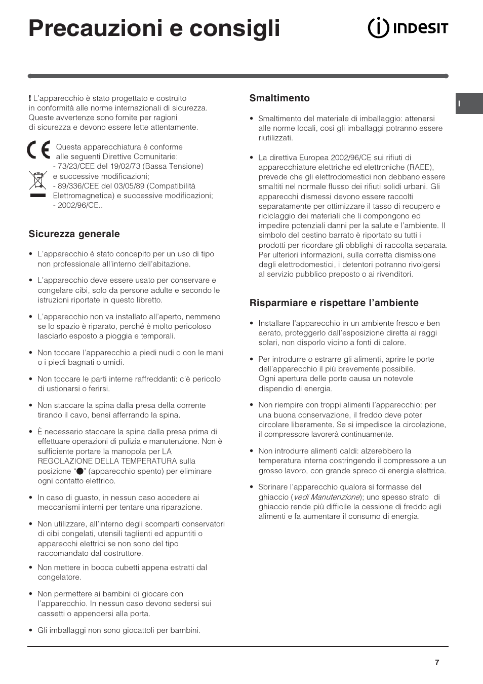 Precauzioni e consigli, Smaltimento, Risparmiare e rispettare lambiente | Sicurezza generale | Indesit IN SZ 2311 User Manual | Page 7 / 40