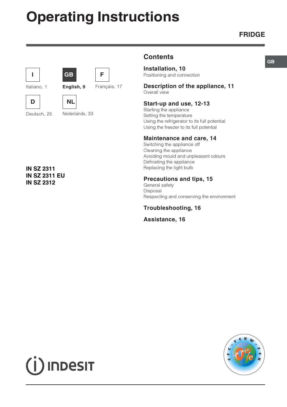 Operating instructions, Fridge contents | Indesit IN SZ 2311 User Manual | Page 9 / 40