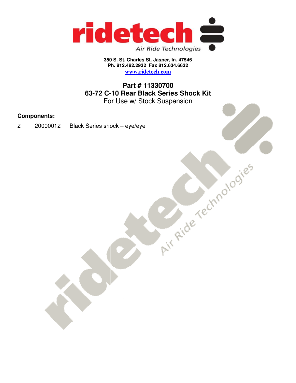 Ridetech 11330700 User Manual | 1 page