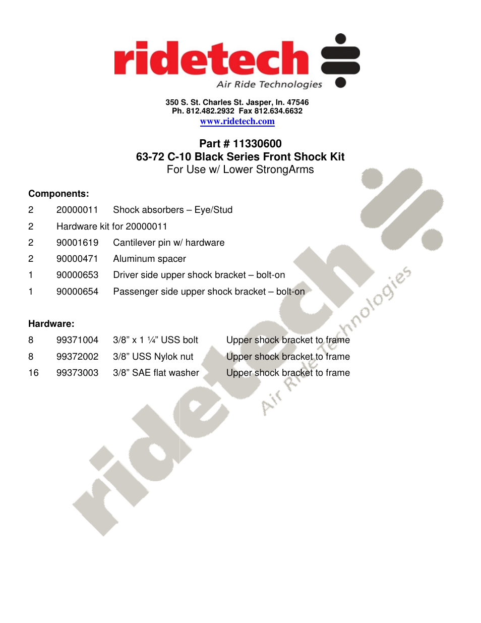 Ridetech 11330600 User Manual | 2 pages