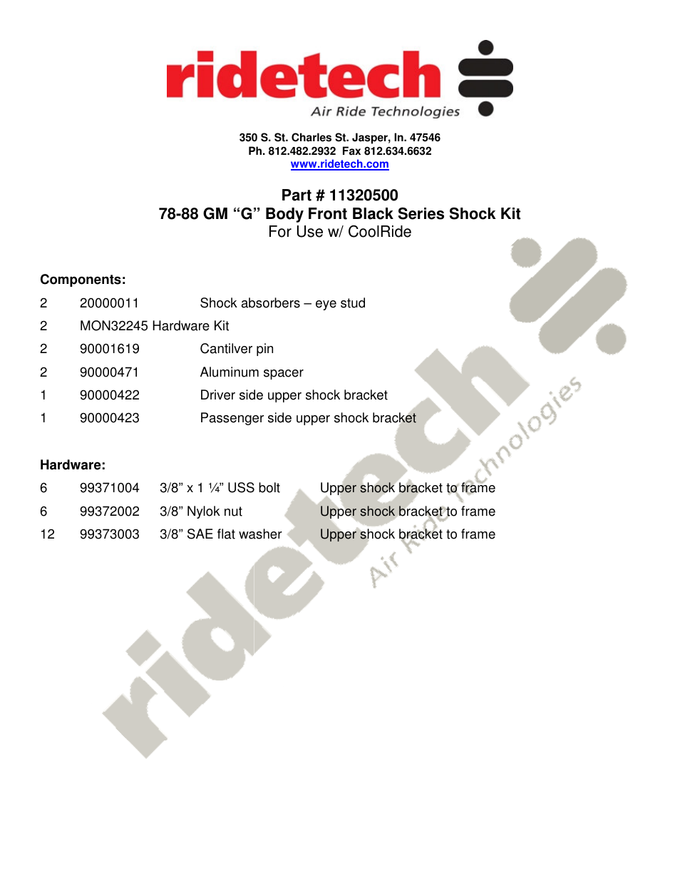 Ridetech 11320500 User Manual | 2 pages