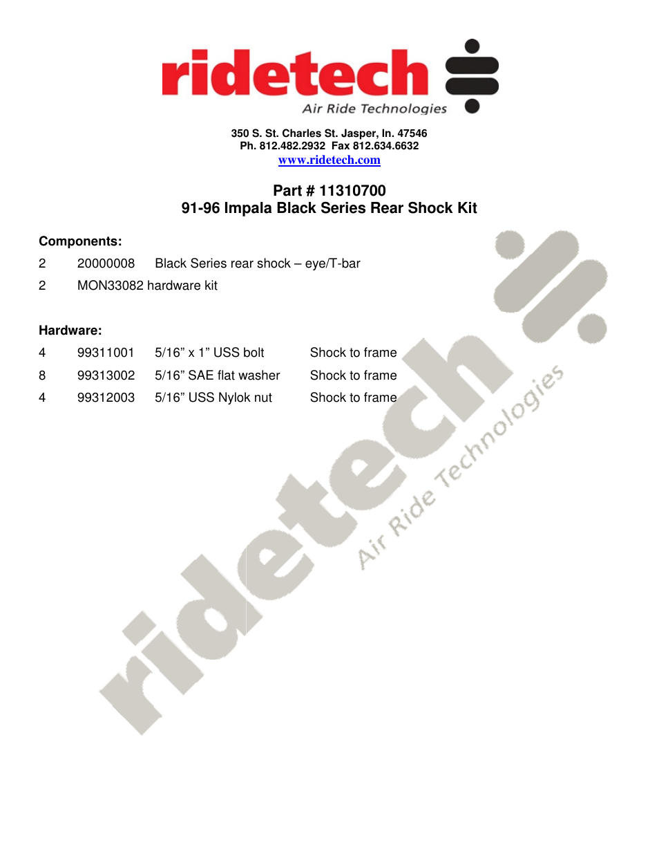 Ridetech 11310700 User Manual | 2 pages