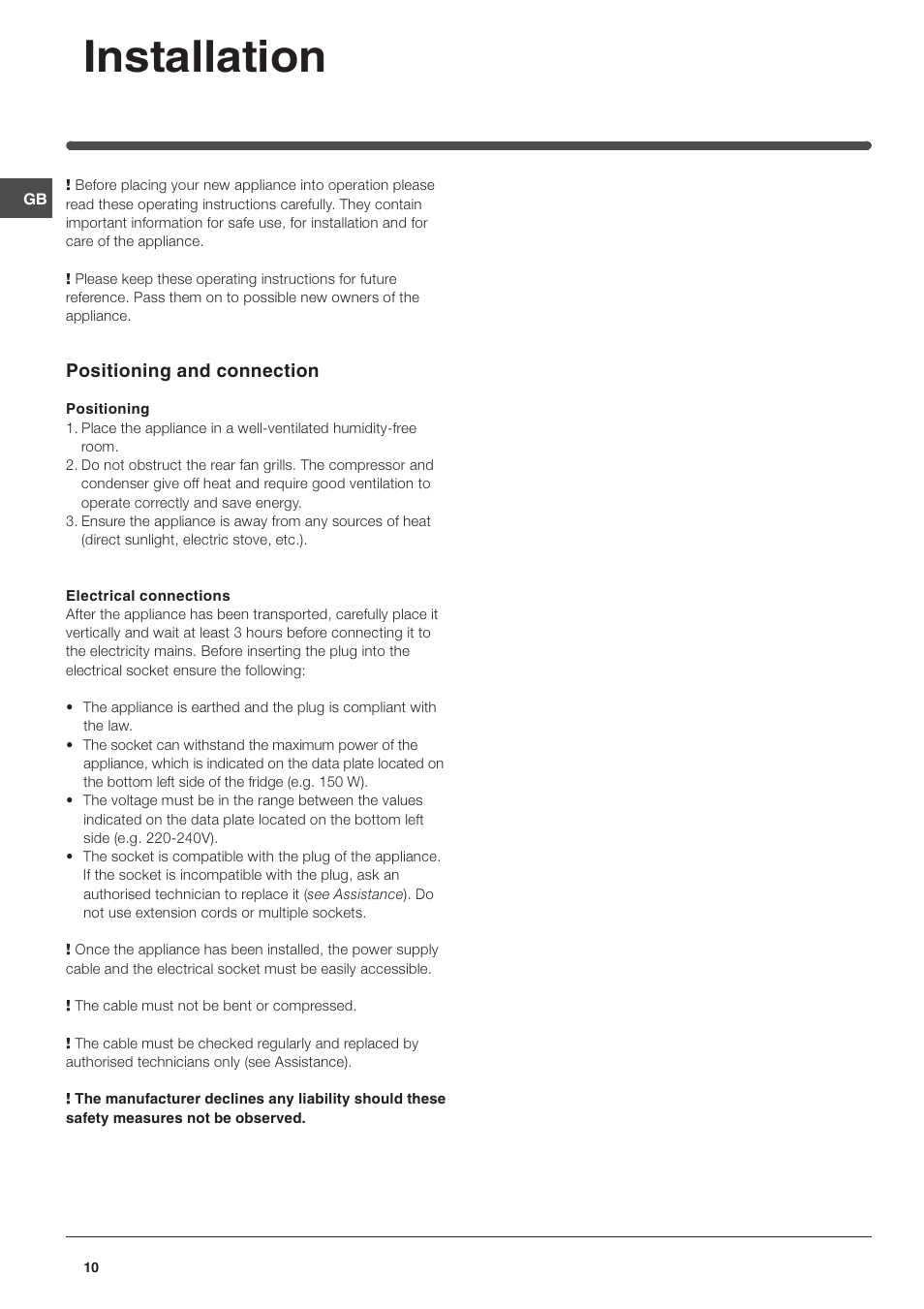Installation | Indesit IN SZ 1611 User Manual | Page 10 / 32