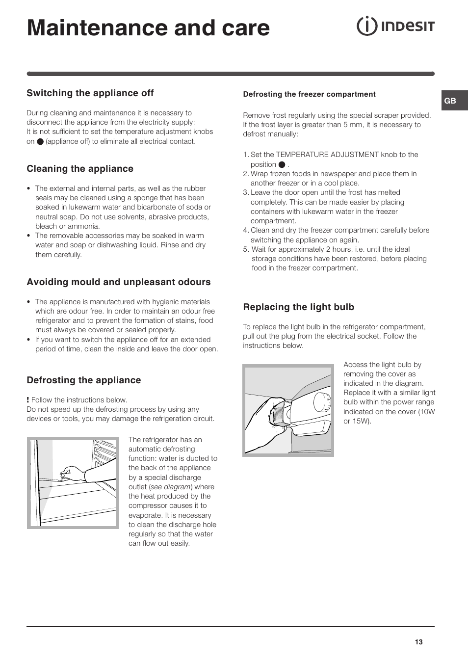 Maintenance and care | Indesit IN SZ 1611 User Manual | Page 13 / 32