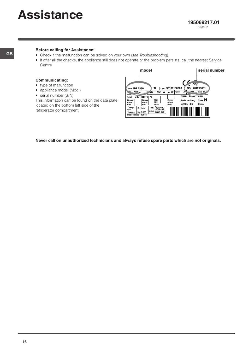Assistance, Model serial number | Indesit IN SZ 1611 User Manual | Page 16 / 32