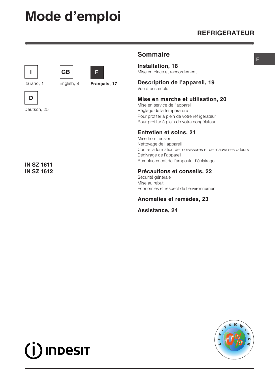 Mode demploi, Refrigerateur sommaire | Indesit IN SZ 1611 User Manual | Page 17 / 32