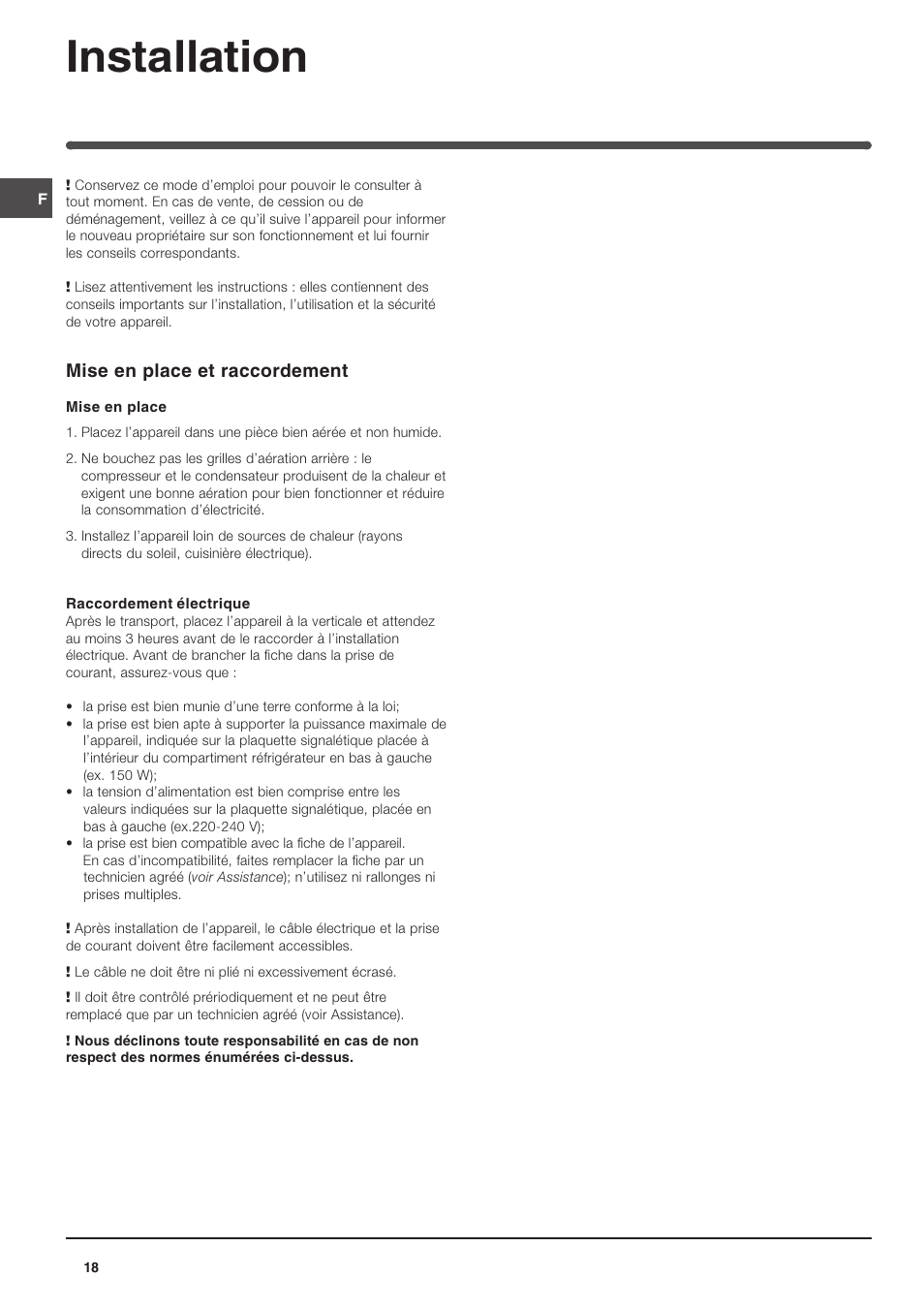 Installation, Mise en place et raccordement | Indesit IN SZ 1611 User Manual | Page 18 / 32