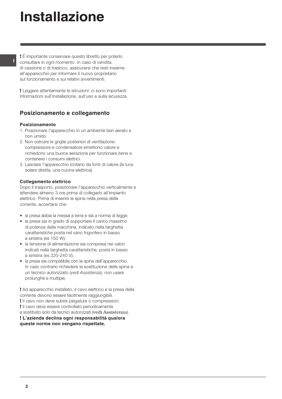 Installazione | Indesit IN SZ 1611 User Manual | Page 2 / 32