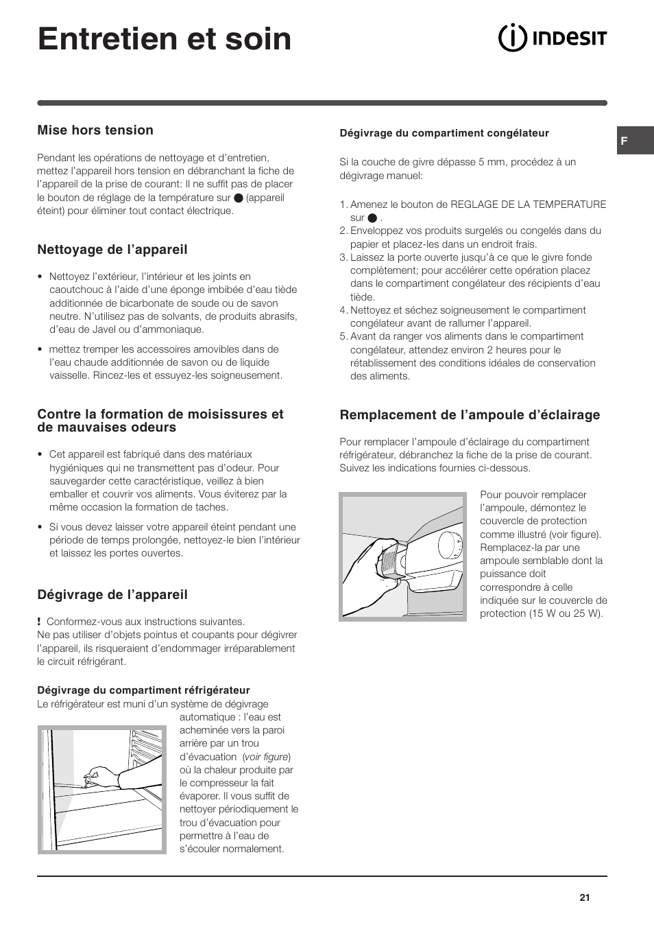 Entretien et soin | Indesit IN SZ 1611 User Manual | Page 21 / 32