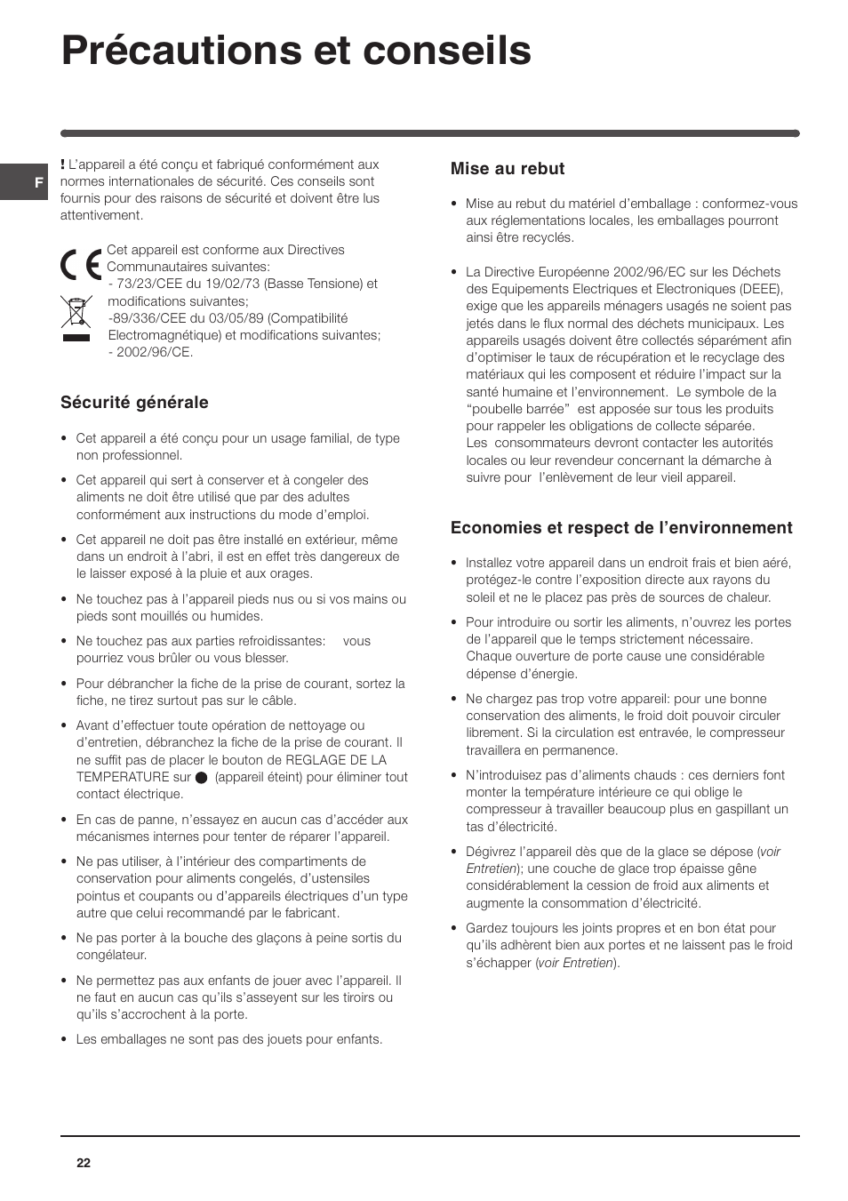 Précautions et conseils, Sécurité générale, Mise au rebut | Economies et respect de lenvironnement | Indesit IN SZ 1611 User Manual | Page 22 / 32