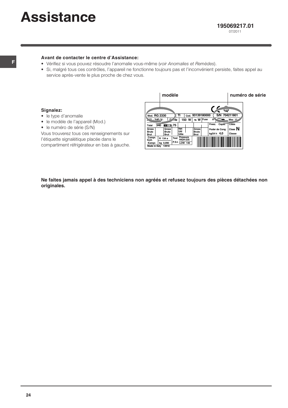 Assistance, Modèle numéro de série | Indesit IN SZ 1611 User Manual | Page 24 / 32