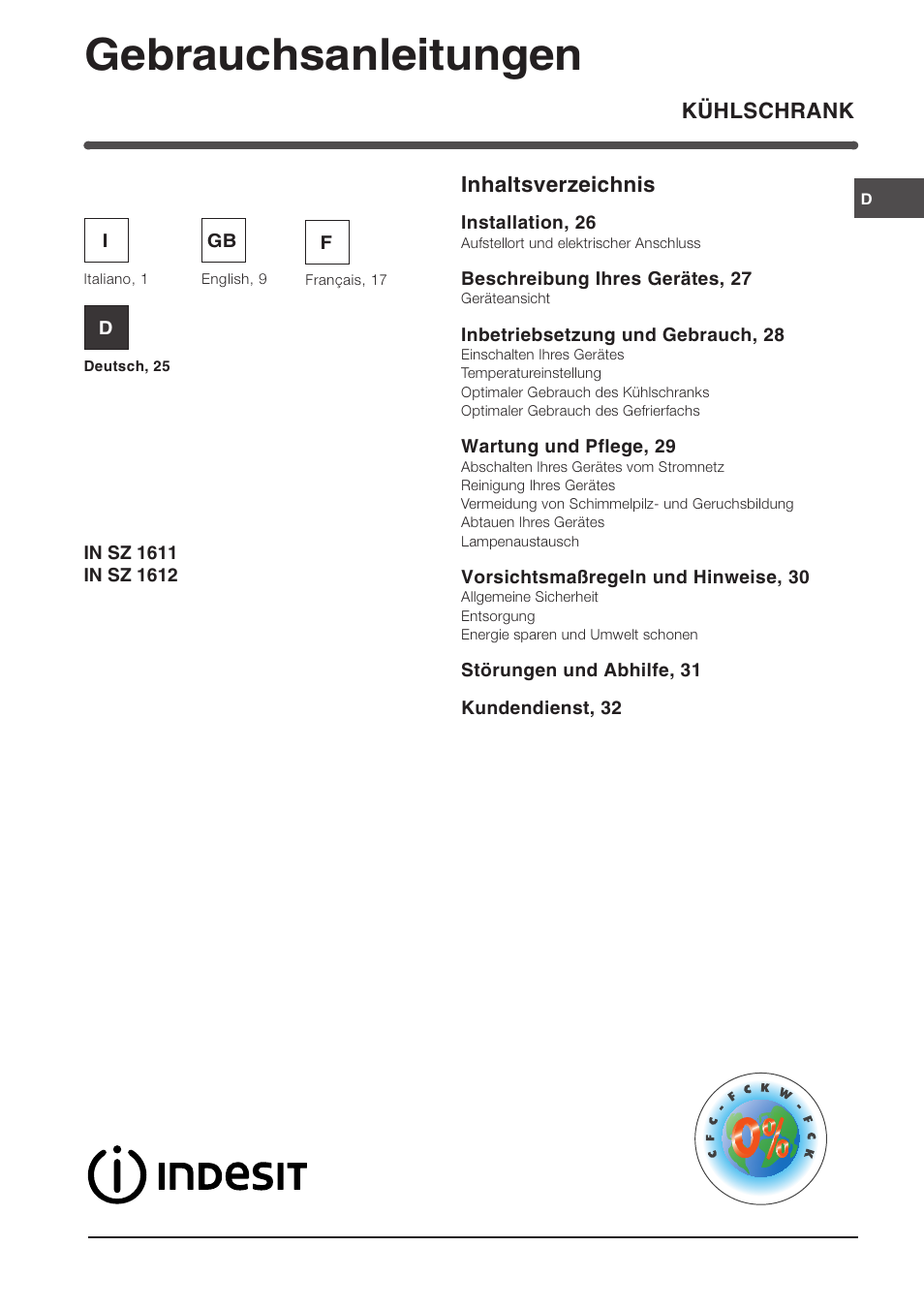 Indesit IN SZ 1611 User Manual | Page 25 / 32
