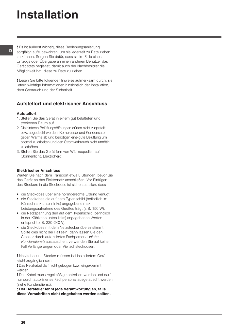 Installation | Indesit IN SZ 1611 User Manual | Page 26 / 32