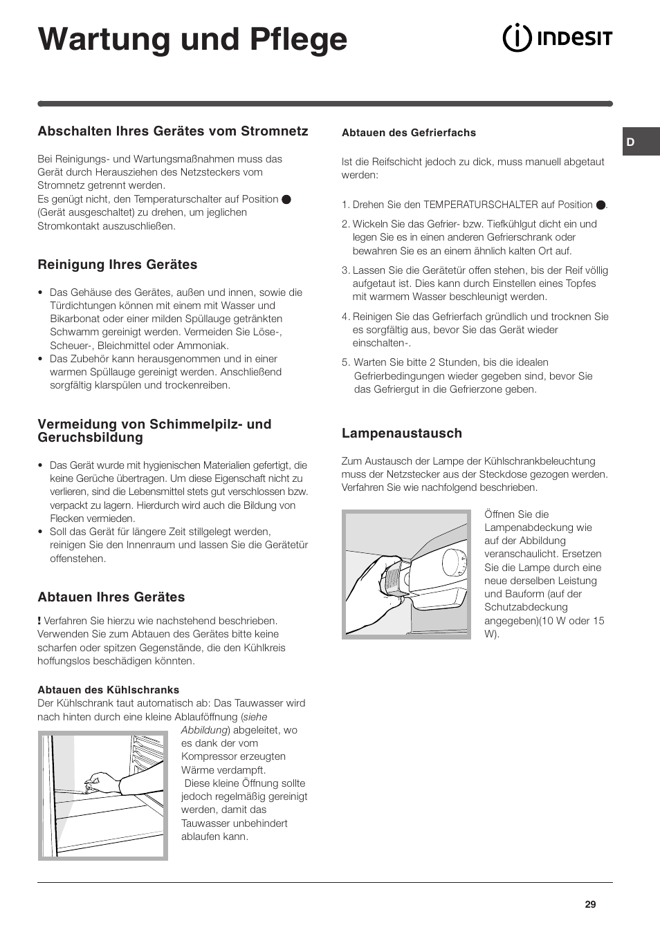 Wartung und pflege | Indesit IN SZ 1611 User Manual | Page 29 / 32