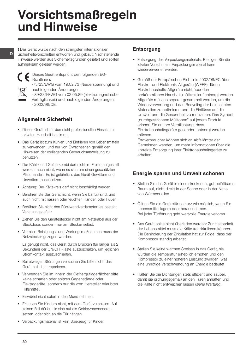 Vorsichtsmaßregeln und hinweise | Indesit IN SZ 1611 User Manual | Page 30 / 32