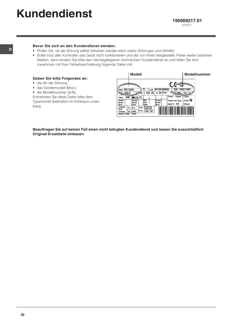 Kundendienst, Modell modellnummer | Indesit IN SZ 1611 User Manual | Page 32 / 32