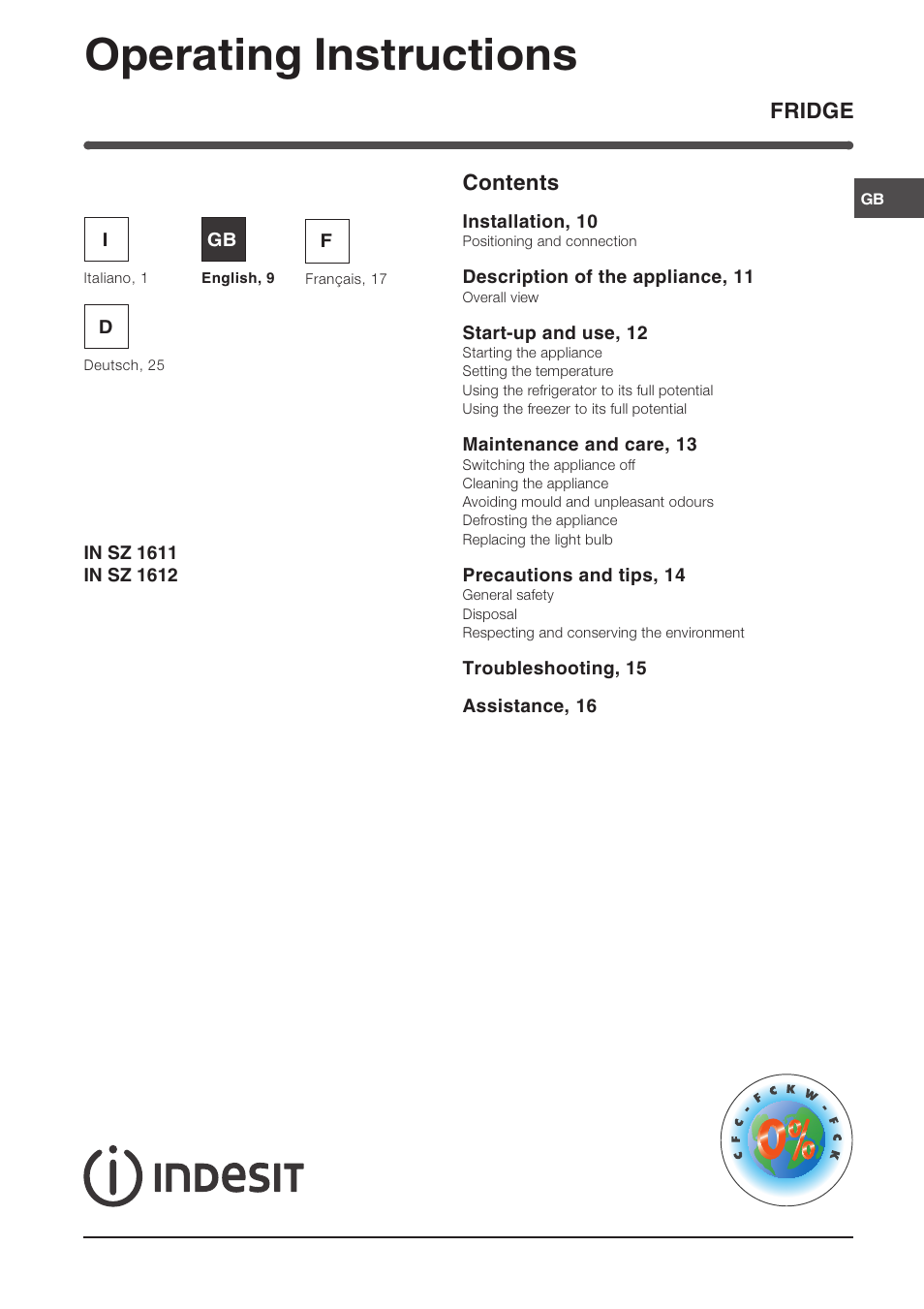 Operating instructions, Fridge contents | Indesit IN SZ 1611 User Manual | Page 9 / 32