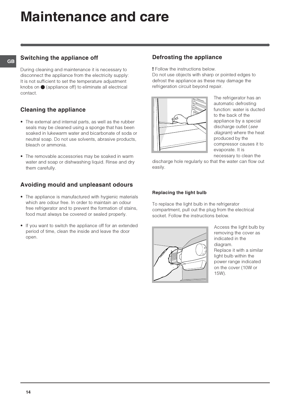 Maintenance and care | Indesit IN S 2311 User Manual | Page 14 / 48