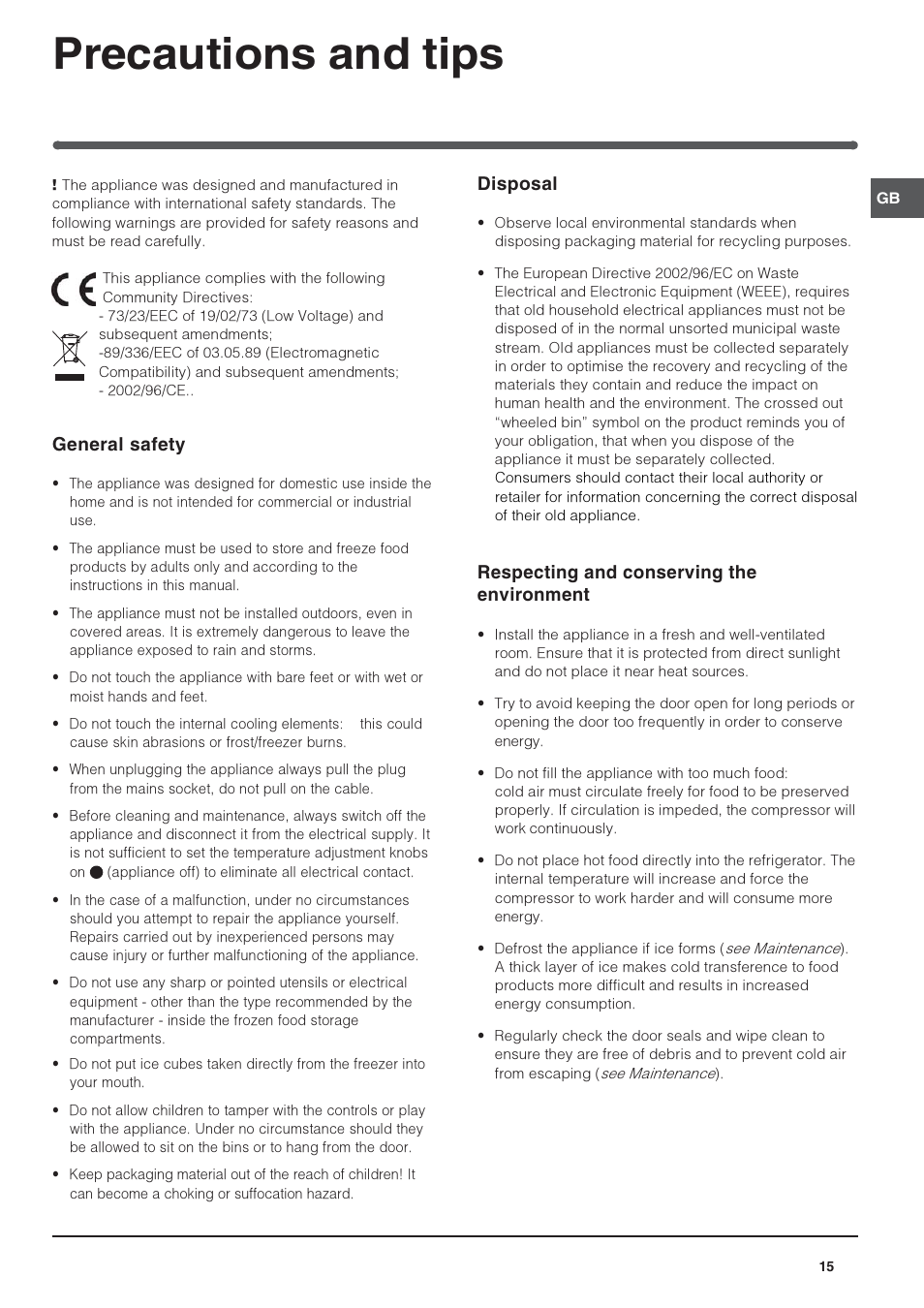 Precautions and tips, Disposal, Respecting and conserving the environment | General safety | Indesit IN S 2311 User Manual | Page 15 / 48