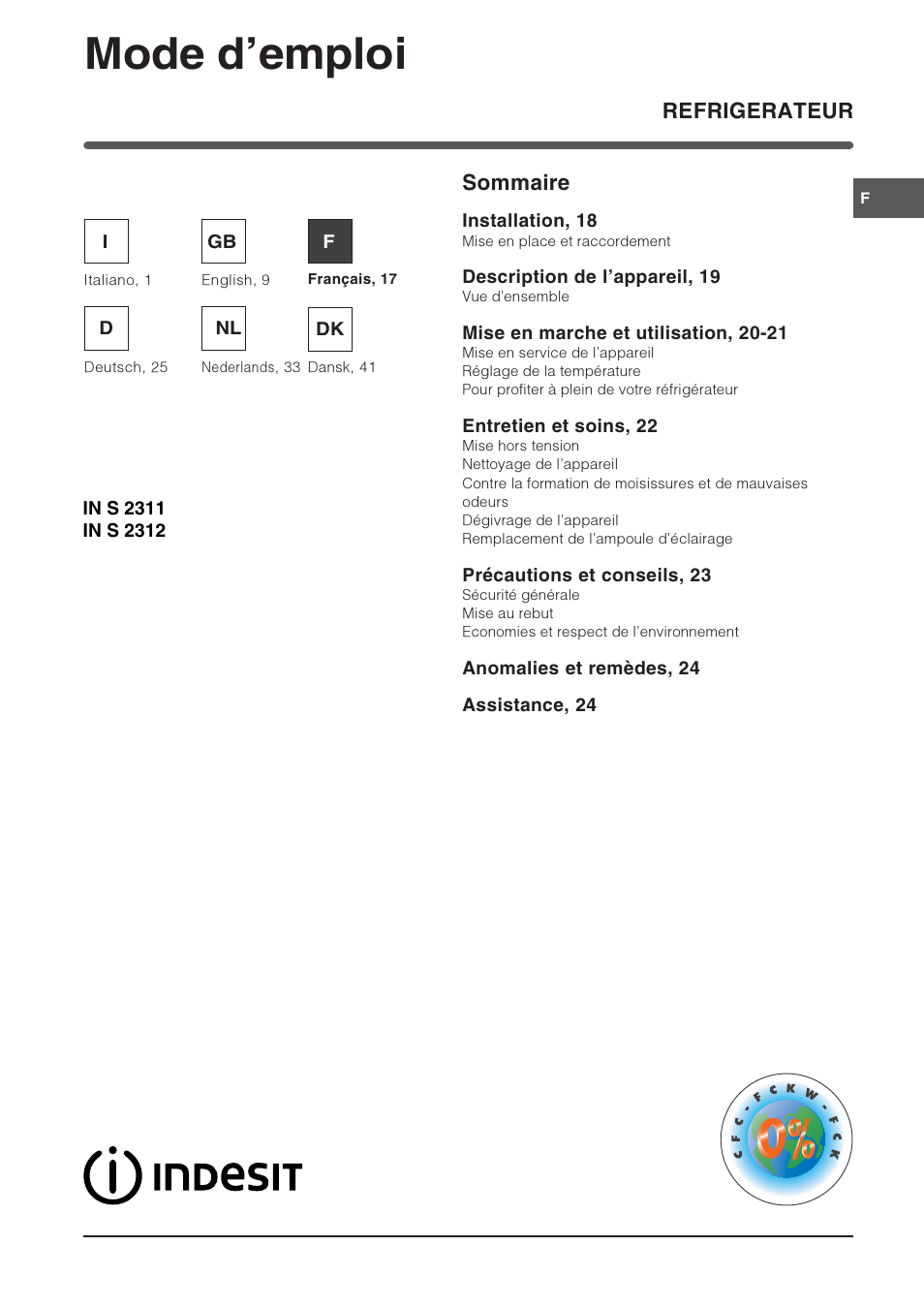 Mode demploi, Refrigerateur sommaire | Indesit IN S 2311 User Manual | Page 17 / 48