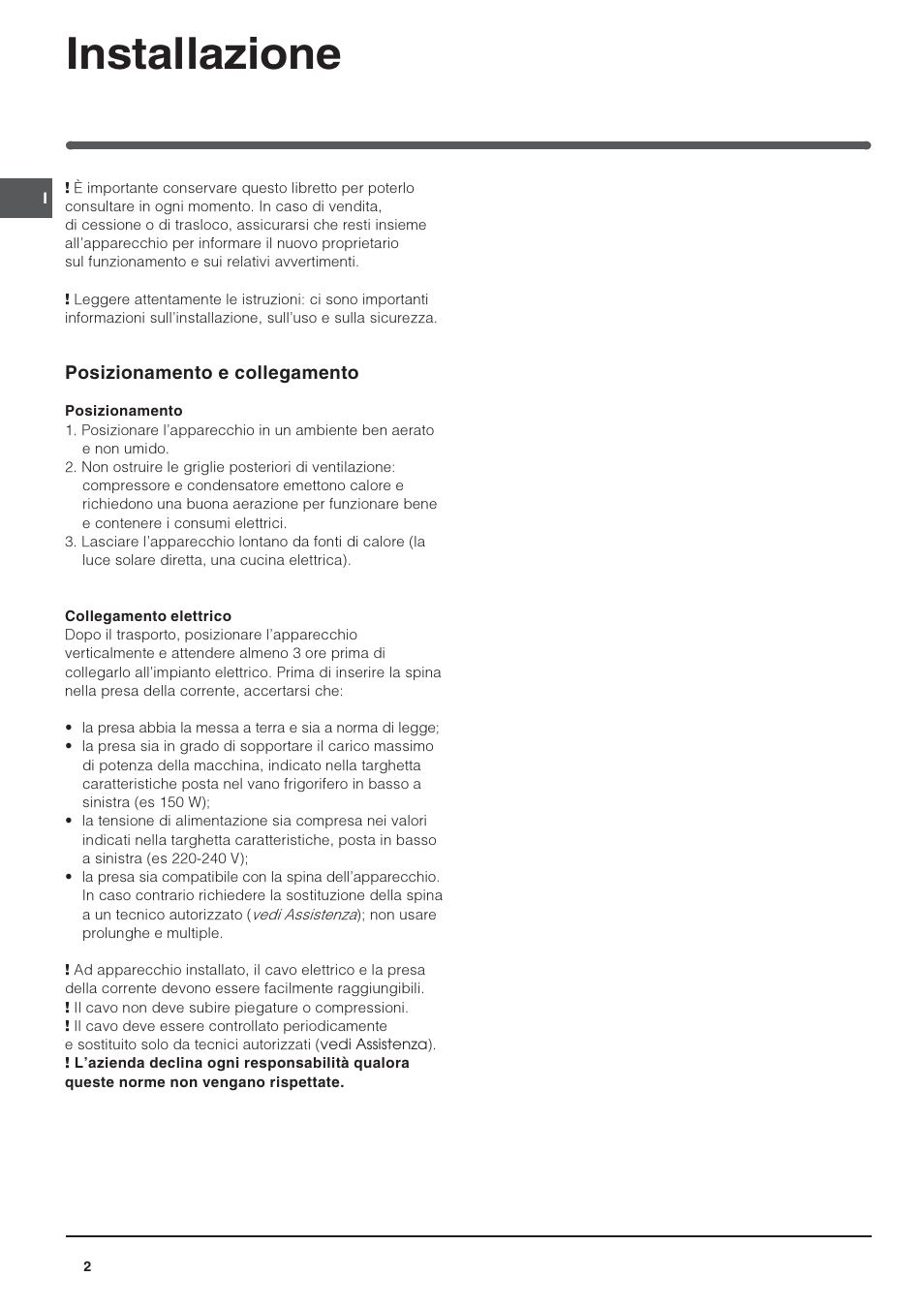 Installazione | Indesit IN S 2311 User Manual | Page 2 / 48