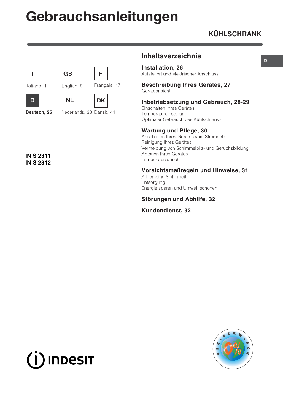 Gebrauchsanleitungen, Kühlschrank inhaltsverzeichnis | Indesit IN S 2311 User Manual | Page 25 / 48