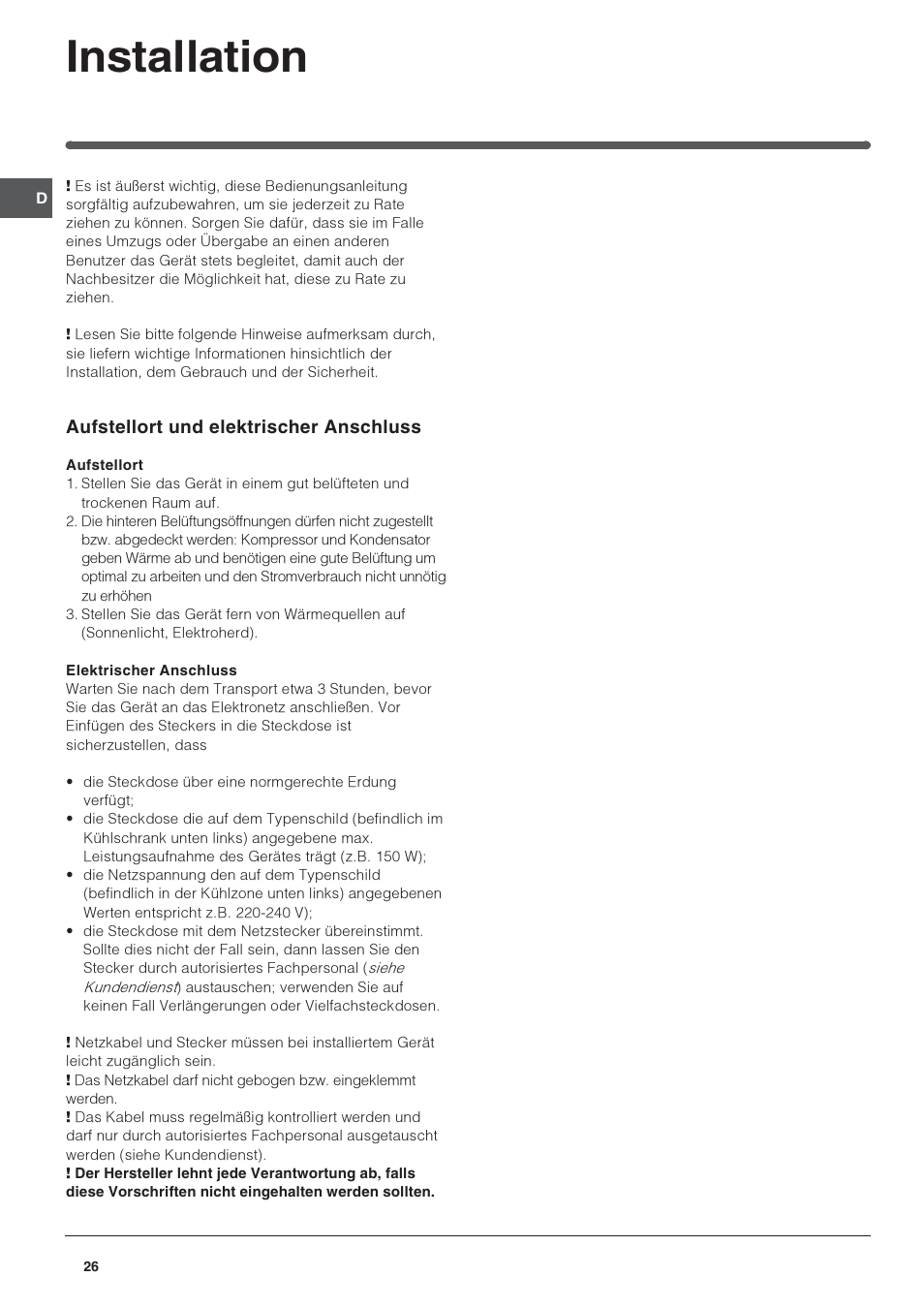 Installation, Aufstellort und elektrischer anschluss | Indesit IN S 2311 User Manual | Page 26 / 48