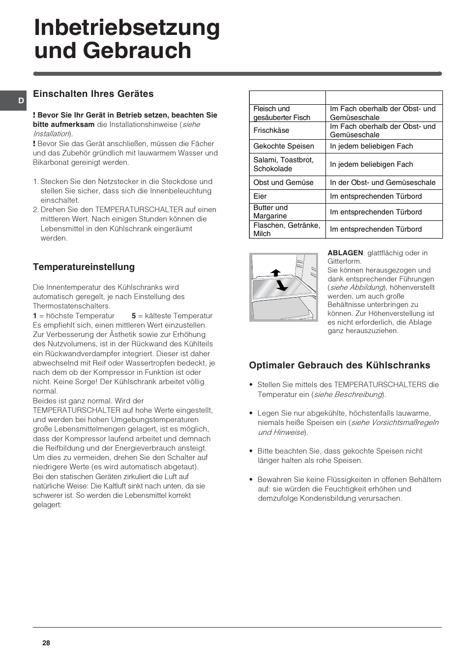 Inbetriebsetzung und gebrauch | Indesit IN S 2311 User Manual | Page 28 / 48