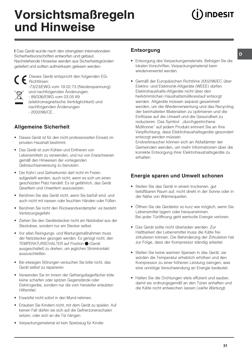Vorsichtsmaßregeln und hinweise | Indesit IN S 2311 User Manual | Page 31 / 48