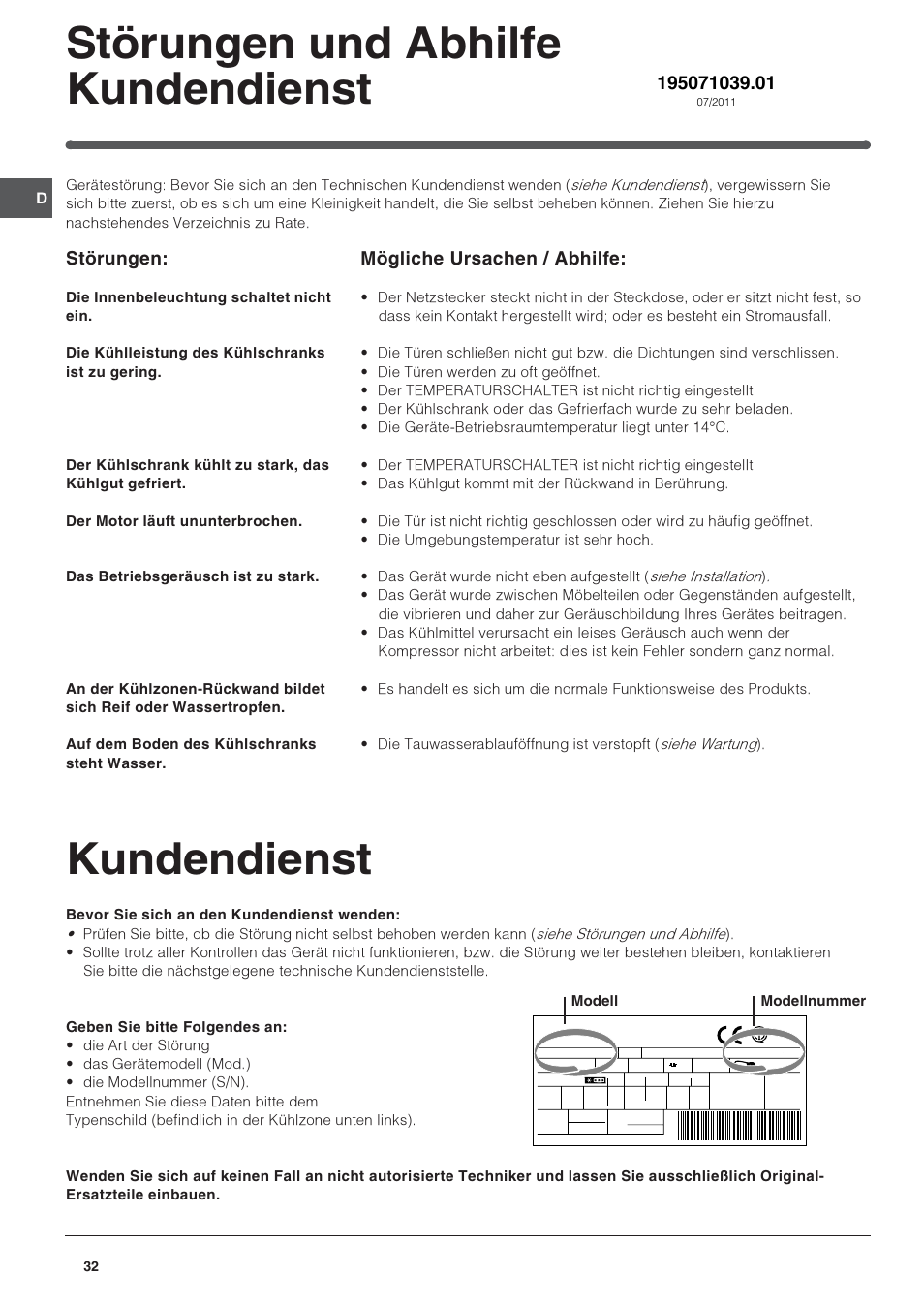 Kundendienst, Störungen und abhilfe kundendienst, Störungen | Mögliche ursachen / abhilfe | Indesit IN S 2311 User Manual | Page 32 / 48