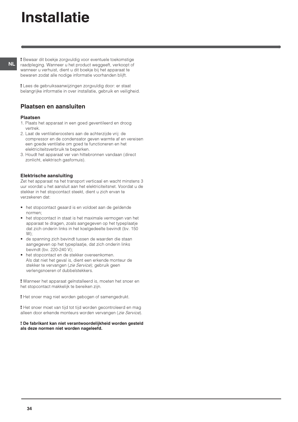 Installatie, Plaatsen en aansluiten | Indesit IN S 2311 User Manual | Page 34 / 48