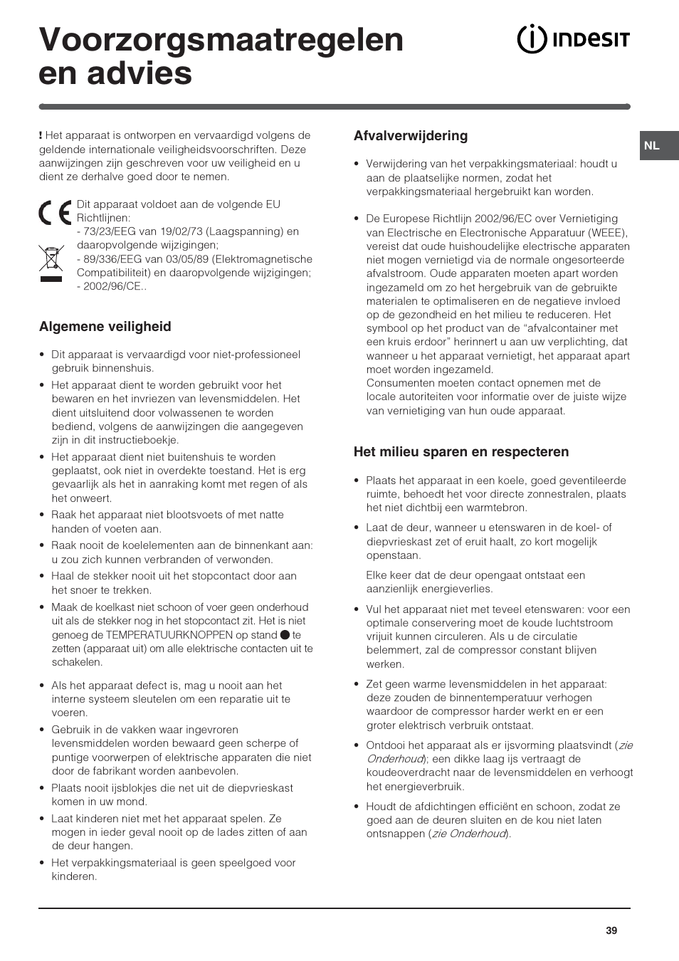 Voorzorgsmaatregelen en advies | Indesit IN S 2311 User Manual | Page 39 / 48