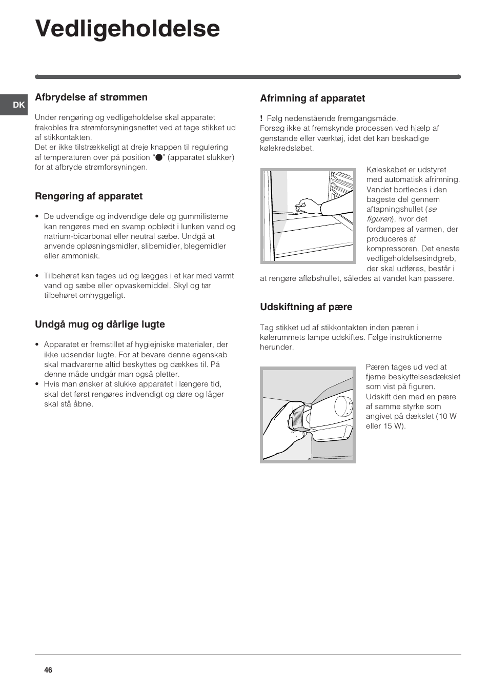 Vedligeholdelse | Indesit IN S 2311 User Manual | Page 46 / 48