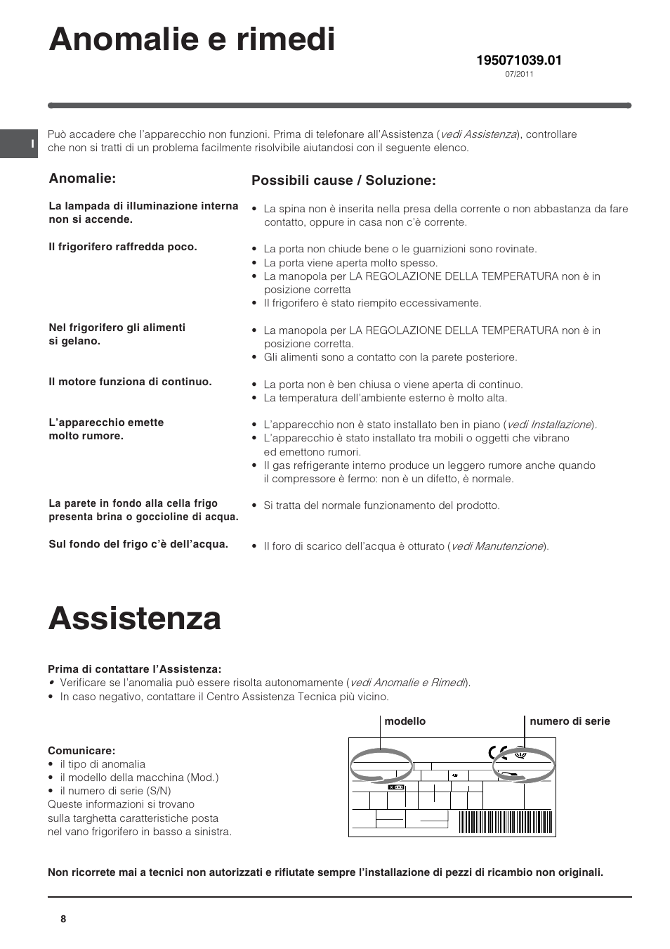 Assistenza, Anomalie e rimedi, Anomalie | Possibili cause / soluzione | Indesit IN S 2311 User Manual | Page 8 / 48