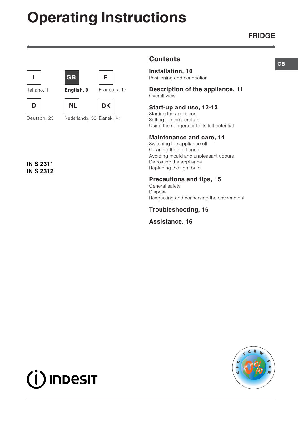 Operating instructions, Fridge contents | Indesit IN S 2311 User Manual | Page 9 / 48