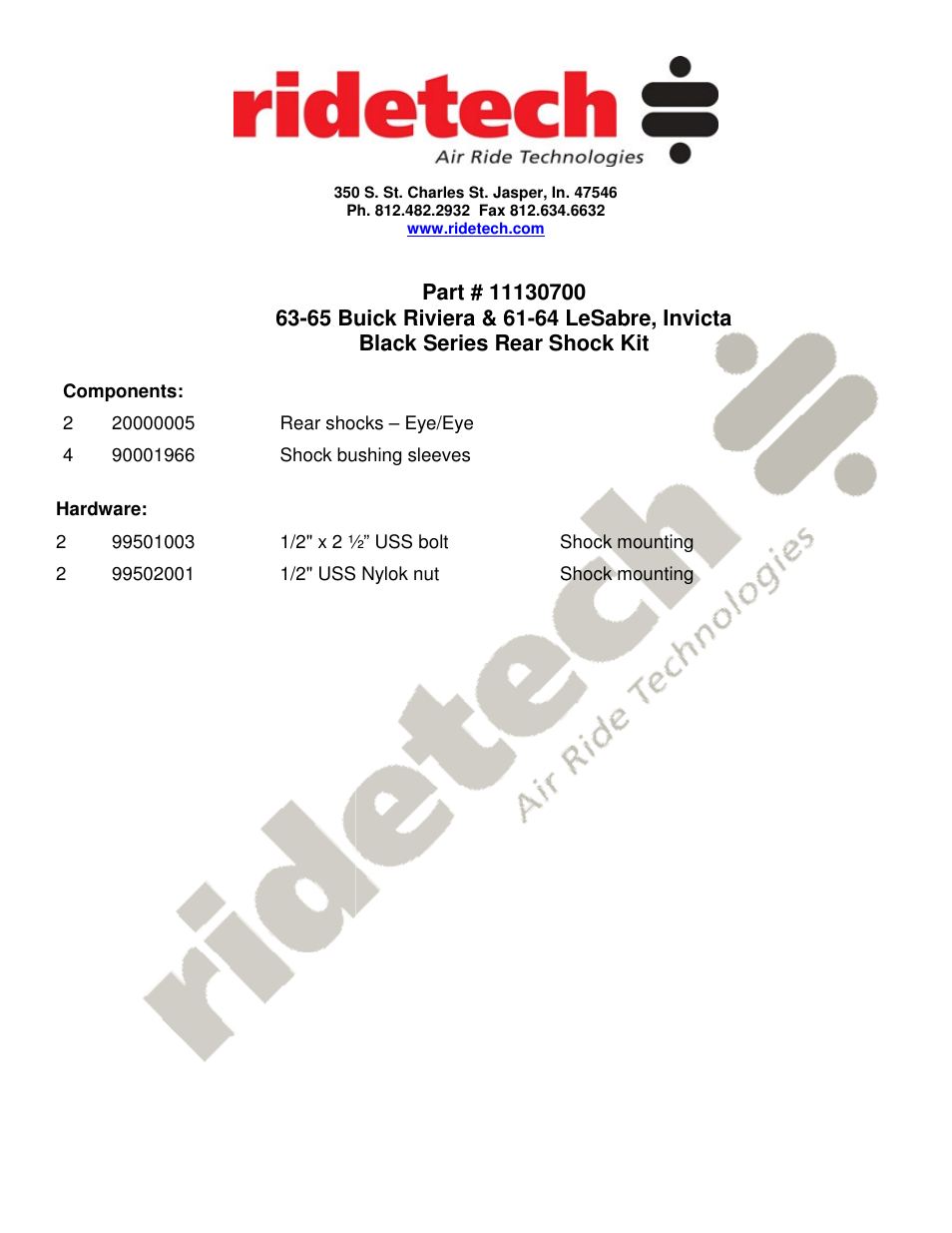 Ridetech 11130700 User Manual | 1 page