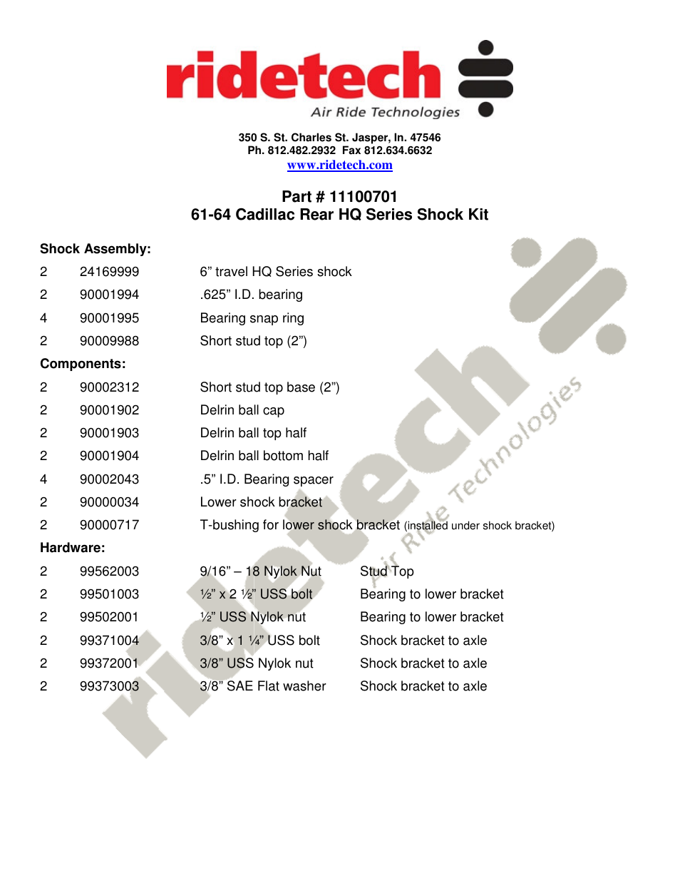 Ridetech 11100701 User Manual | 1 page