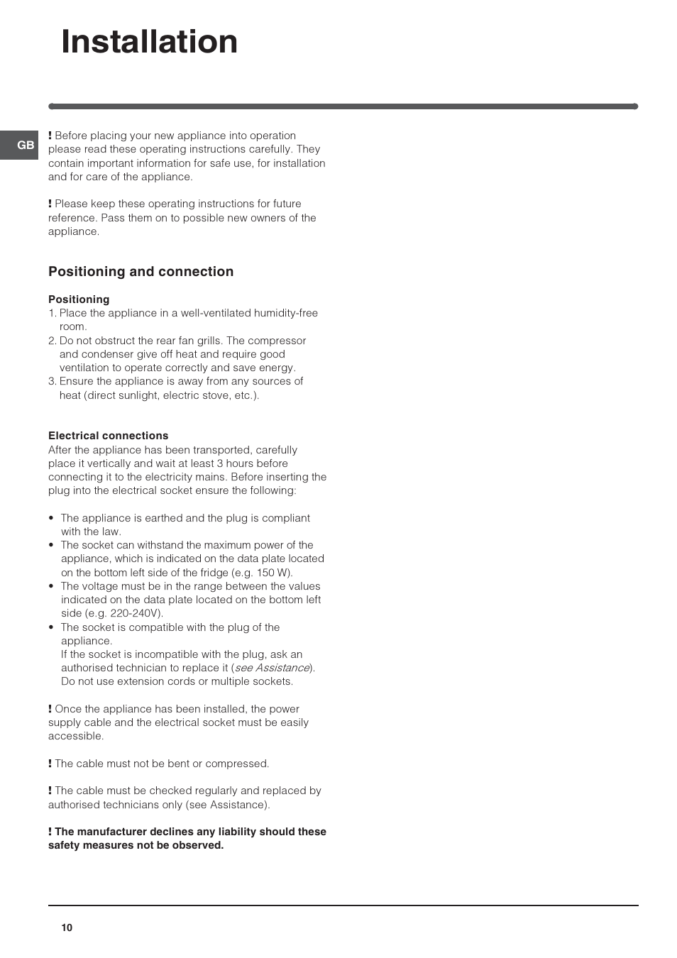Installation | Indesit IN S 1611 User Manual | Page 10 / 56