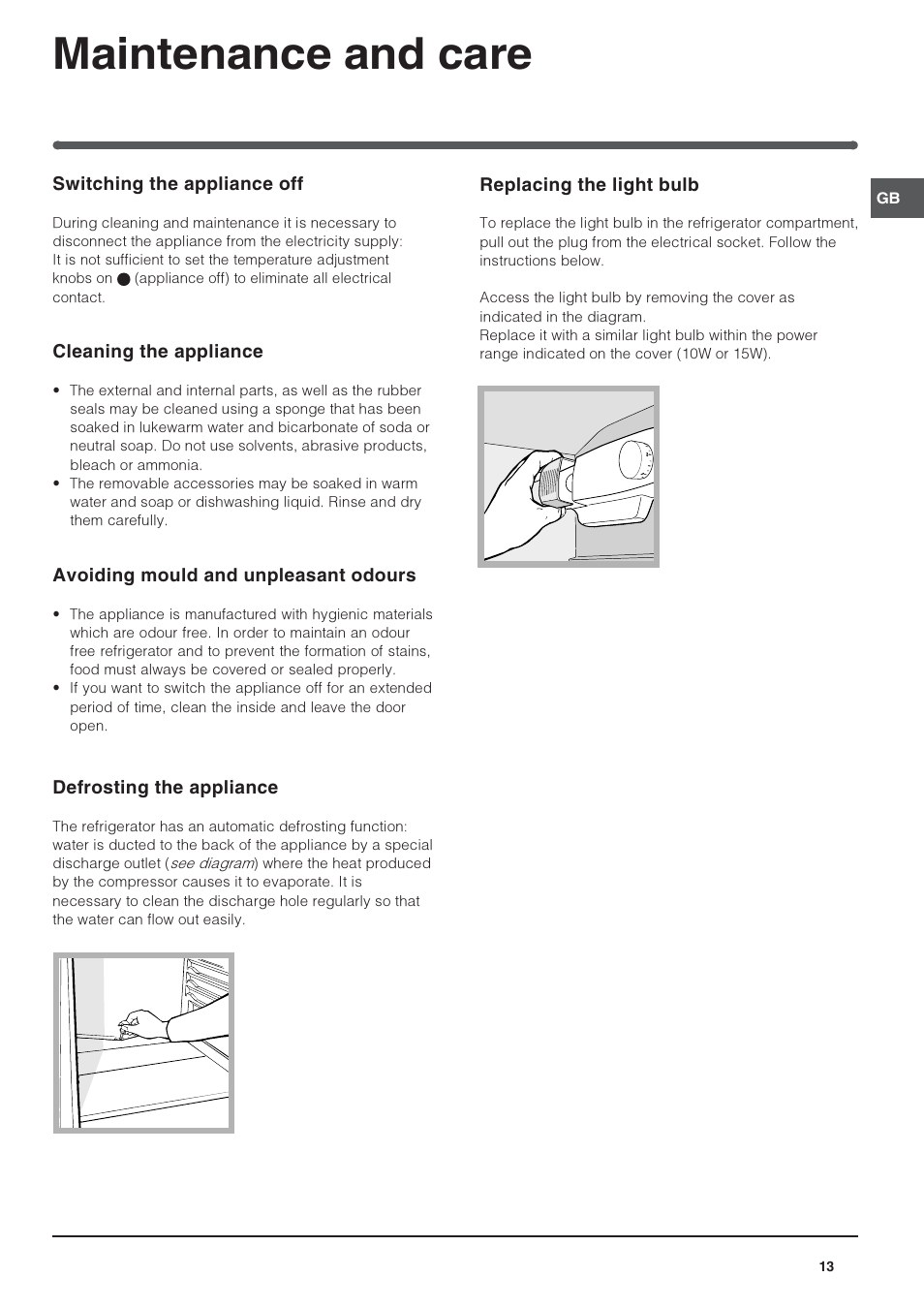 Maintenance and care | Indesit IN S 1611 User Manual | Page 13 / 56