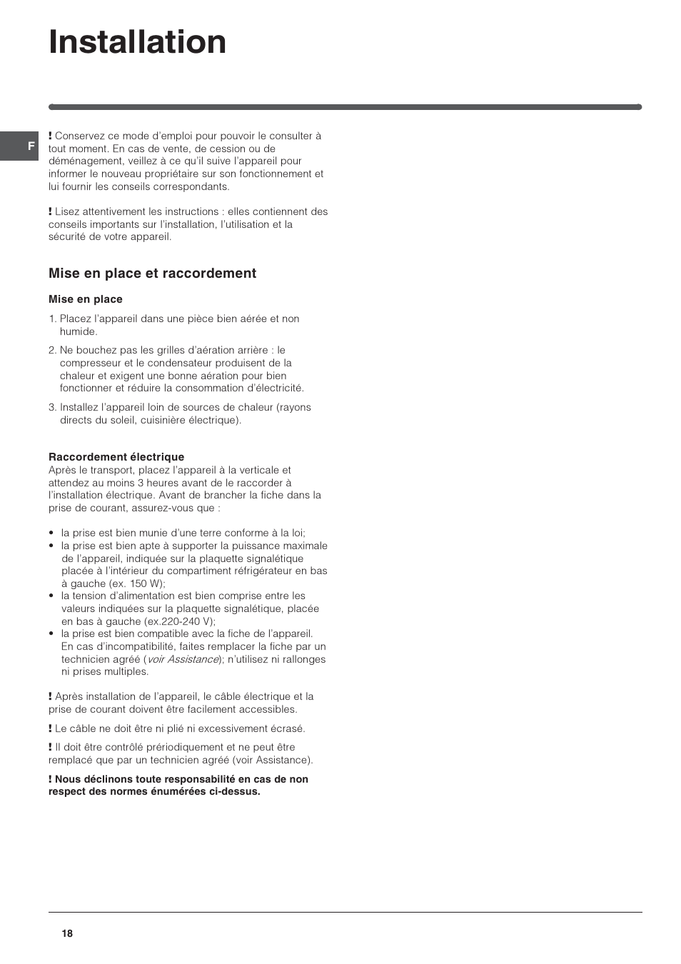 Installation, Mise en place et raccordement | Indesit IN S 1611 User Manual | Page 18 / 56