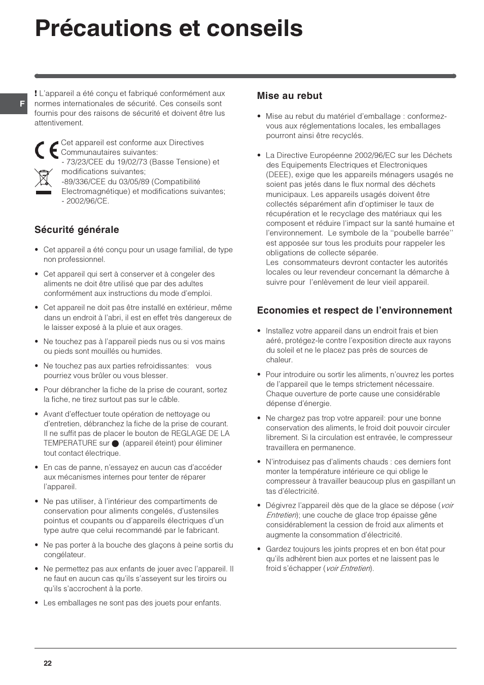 Précautions et conseils, Sécurité générale, Mise au rebut | Economies et respect de lenvironnement | Indesit IN S 1611 User Manual | Page 22 / 56