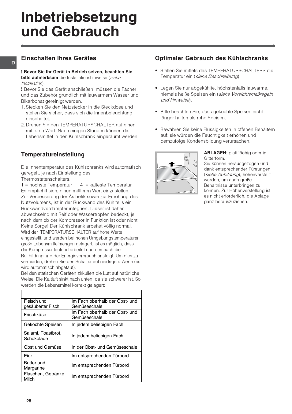 Inbetriebsetzung und gebrauch | Indesit IN S 1611 User Manual | Page 28 / 56