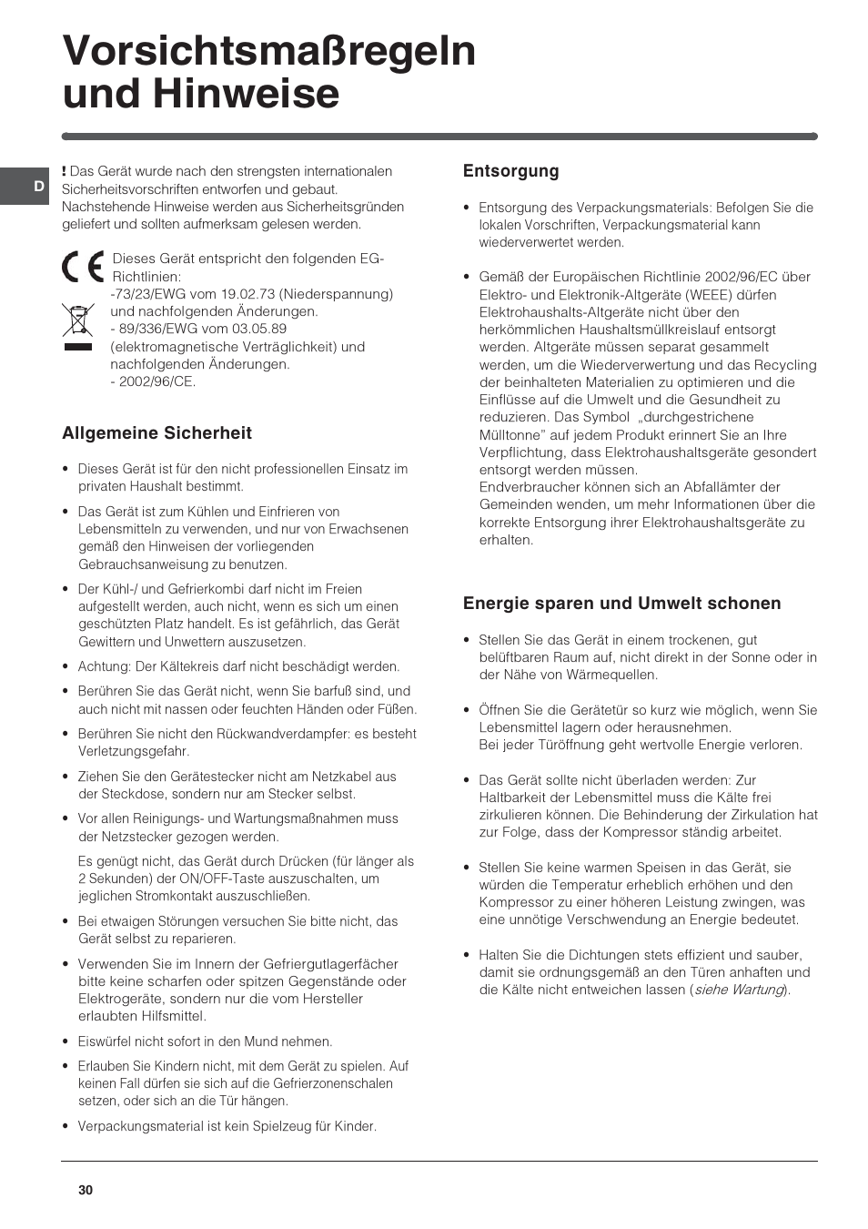 Vorsichtsmaßregeln und hinweise | Indesit IN S 1611 User Manual | Page 30 / 56