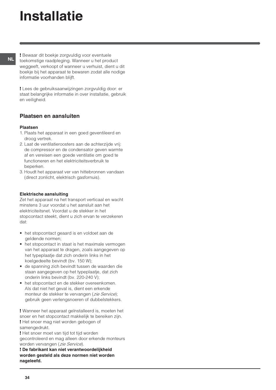 Installatie | Indesit IN S 1611 User Manual | Page 34 / 56